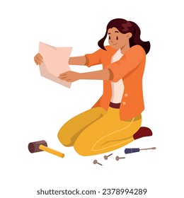 Furniture Assembly with Woman Assembling and Fixing Sitting on Floor Study Instruction Vector Illustration