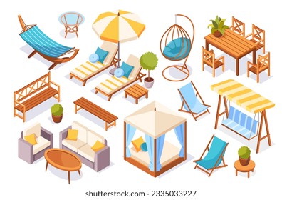 Furniture for backyard and garden set. Realistic isometric hammock and sunbed, beach umbrella and bench, armchair and sofa. Leisure and bbq concept. 3d vector collection isolated on white background