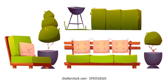 Furniture for backyard or patio with cooking grill for bbq. Barbeque party on back yard or terrace. Vector cartoon set of garden hedge, green trees, sofa and armchair isolated on white background