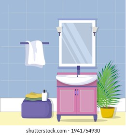 Furniture in the bathroom. A dressing table with a mirror in the bathroom. A fragment of the interior, a design element in a cartoon style.