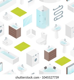 Furniture Bathroom Interior Seamless Pattern Background on a White for Apartment, Shop or Hotel Isometric View Includes Cabinet, Dryer and Toilet . Vector illustration