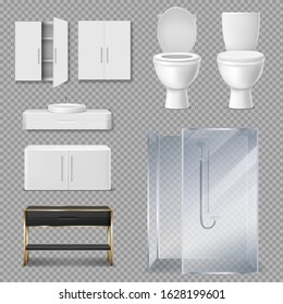 Furniture for bathroom interior. Vector realistic glass shower cabin, toilet bowl with open and closed seat lid, sink and closets isolated on transparent background