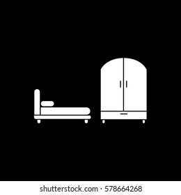 Furniture Bed And Cupboard Wardrobe Flat Icon On Black Background