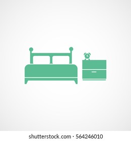 Furniture Bed And Nightstand With Alarm Clock Green Flat Icon On White Background
