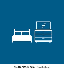 Furniture Bed And Nightstand With Mirror Flat Icon On Blue Background