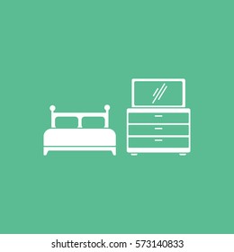 Furniture Bed And Nightstand With Mirror Flat Icon On Green Background