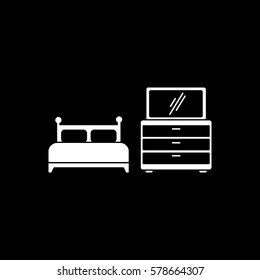 Furniture Bed And Nightstand With Mirror Flat Icon On Black Background