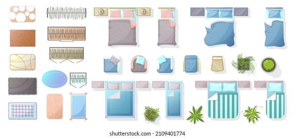 Furniture for bedroom, house, apartment, living room Top view. Elements for Interior icon, beds, armchairs, plant, carpers. Furniture symbols for interior design. Isolated Vector collection