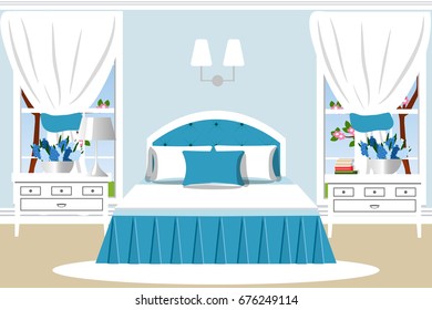 Furniture for the bedroom. A room with a bed , bedside table, lamp, flowers. Cartoon. Vector.