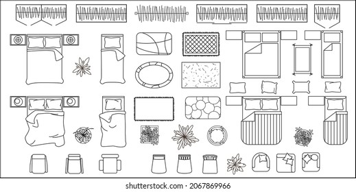 Furniture for bedroom Top view. Set of outline elements for interior design of house, apartment, flat. Architectural icons, beds, armchairs, plant, carpers. Furniture symbols. Isolated Vector 