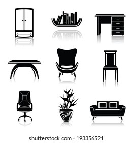 Furniture black decorative icons set of wardrobe armchair sofa isolated vector illustration