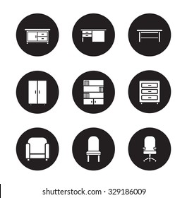 Furniture black icons set. Modern living room interior decoration items. White silhouettes illustrations on black circles. Office and living-room objects. Vector infographics elements