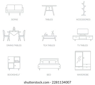Furniture black icons Vector set. Furniture illustration symbol collection. Vector sofa and armchair outline icons isolated. Interior elements collection. Furniture shapes.