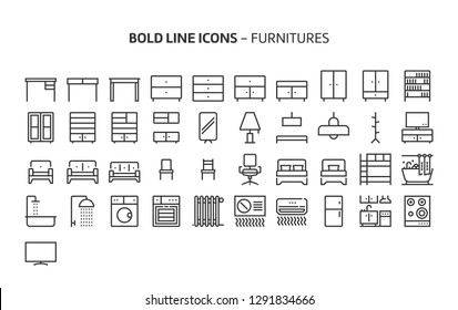 Furniture, bold line icons. The illustrations are a vector, editable stroke, 48x48 pixel perfect files. Crafted with precision and eye for quality.