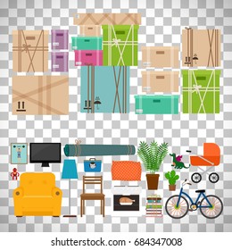 Furniture and boxes icons set for rooms of house vector isolated on transparent background