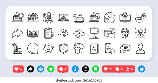 Furniture, Brand and Medical shield line icons pack. Social media: share, comment, like icons. Mortgage, Work home, Loyalty points web icon. Vector