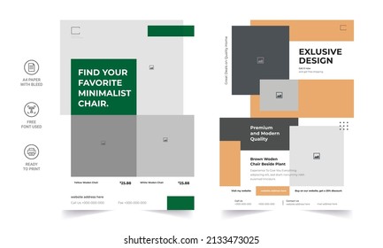 Furniture brochure design vector template in A4 size. Flyer of furniture store, apartment, promotion, sale, ads.Vector illustration for banner, poster, flyer, cover, menu, brochure. 