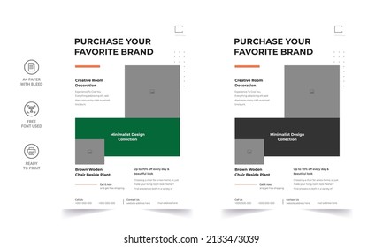 Furniture brochure design vector template in A4 size. Flyer of furniture store, apartment, promotion, sale, ads.Vector illustration for banner, poster, flyer, cover, menu, brochure. 