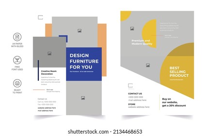 Furniture brochure design vector template in A4 size. Flyer of a furniture store, apartment, promotion, sale, ads. Vector illustration for banner, poster, flyer, cover, menu, brochure.	