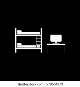 Furniture Bunk Bed And Table With Computer Flat Icon On Black Background
