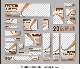 Furniture business web ad banner template with photo place. Modern layout white background and light brown shape and text design