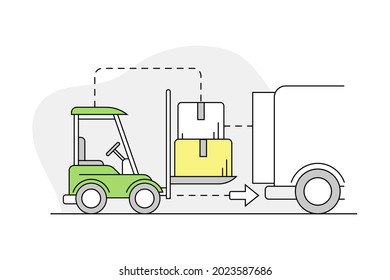 Furniture Buying with Lorry Loading with Packed Cardboard Box for Express Delivery Line Vector Illustration