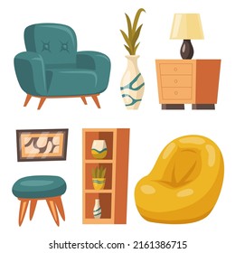 Furniture, cabinet and chairs of various shapes and types for decorating and utilizing different rooms. Vector flat illustration.