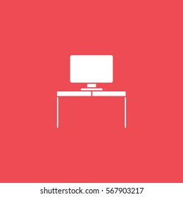 Furniture Cabinet Table With Computer Flat Icon On Red Background