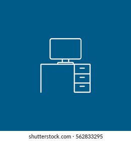 Furniture Cabinet Table With Computer Line Icon On Blue Background
