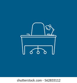 Furniture Cabinet Table With Lamp And Armchair Line Icon On Blue Background