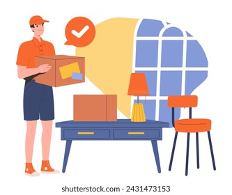 Furniture carrier concept. Man loader with boxes in home or apartment. Relocation and migration. Courier with parcels. Cartoon flat vector illustration isolated on white background