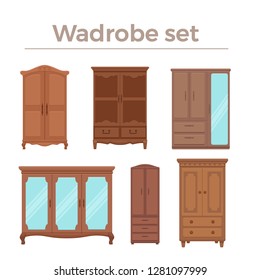 Furniture cartoon vector illustration. Wood wardrobe flat style isolated icons set. Room interior elements collection cabinet to create apartments design, promotions, advertisement 