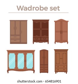 Furniture cartoon vector illustration. Wood wardrobe flat style isolated icons set. Room interior elements collection cabinet to create apartments design, promotions, advertisement 