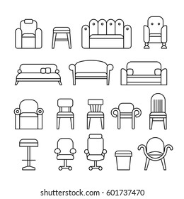 Furniture, chair, armchair, lounge, sofa, couch line vector icons