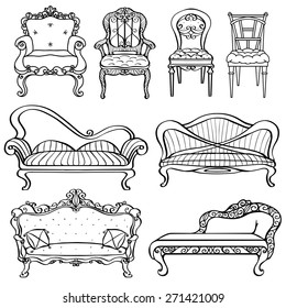 Furniture chair, armchair, throne, sofa, couch, divan, bed front view closeup, black lines hand drawn vintage set, isolated on white background 