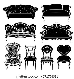 Furniture chair, armchair, throne, sofa, couch, divan, bed front view closeup, black silhouettes hand drawn vintage set, isolated on white background 