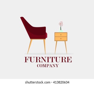 Furniture: chair, nightstand and bouquet of flowers. Furniture company.