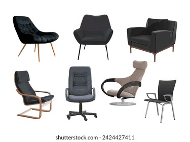Furniture chairs in various styles on a white.