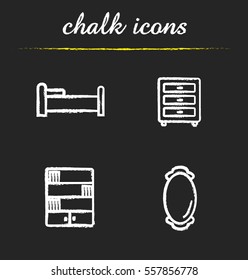 Furniture chalk icons set. Bedroom interior. Bed, nightstand, bookcase, wall mirror. Isolated vector chalkboard illustrations