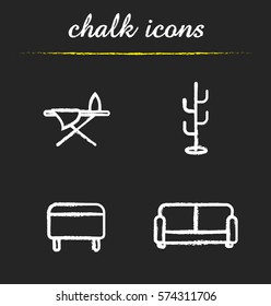 Furniture chalk icons set. Ottoman, ironing board, hanger stand and sofa. Isolated vector chalkboard illustrations