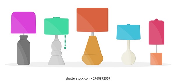 Furniture chandelier, floor and table lamp in flat cartoon style. Chandeliers, illuminator, flashlight isolated on white background. Home light with lamps icons. Vector illustration, eps 10.