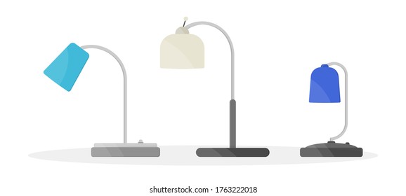 Furniture chandelier, floor and table lamp in flat cartoon style. Chandeliers, illuminator, flashlight isolated on white background. Home light with lamps icons. Vector illustration, eps 10.