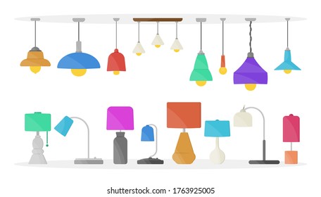 Furniture chandelier, floor and table lamp in flat cartoon style. Chandeliers, illuminator, flashlight isolated on white background. Home light with lamps icons. Vector illustration, eps 10.