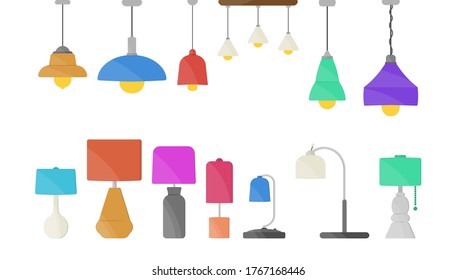 Furniture chandelier, floor and table lamp in flat cartoon style. Chandeliers, illuminator, flashlight isolated on white background. Home light with lamps icons. Vector illustration, eps 10.