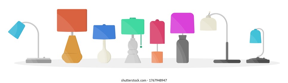 Furniture chandelier, floor and table lamp in flat cartoon style. Chandeliers, illuminator, flashlight isolated on white background. Home light with lamps icons. Vector illustration, eps 10.