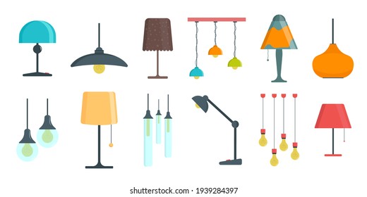 Furniture chandelier, floor and table lamp in flat cartoon style. A set of lamps on a white background. Chandeliers, illuminator, flashlight - elements of a modern interior. Vector illustration.