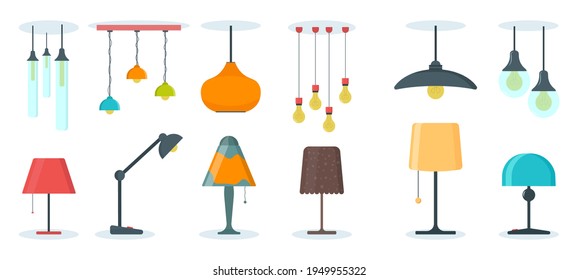 Furniture chandelier, floor and table lamp in flat cartoon style. A set of lamps on a white background. Chandeliers, illuminator, flashlight - elements of a modern interior. Vector illustration.