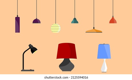 Furniture chandelier, floor and table lamp in flat cartoon style. A set of lamps on a white background. Chandeliers, illuminator, flashlight - elements of a modern interior. Vector illustration.