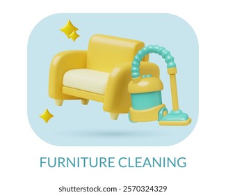 Furniture cleaning 3d icon design. Professional sofa washing and stain removing service three dimensional vector illustration.