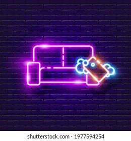 Furniture cleaning neon icon. Illuminated sign of furniture restoration. Vector illustration for design, website, advertising, signboards. Insect disinfection symbol. Cleaning service concept.